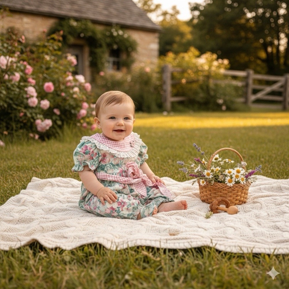 VTG Carters Romper Jumpsuit Baby 12M Floral Pink Gingham Sash Bow USA 90s‎